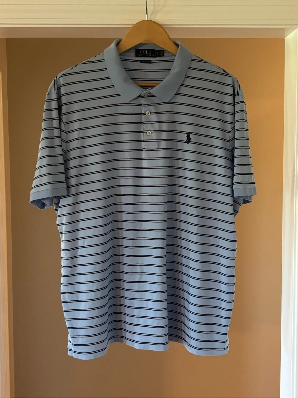 Ralph Lauren Light Blue Polo with Navy Stripes Super Soft
